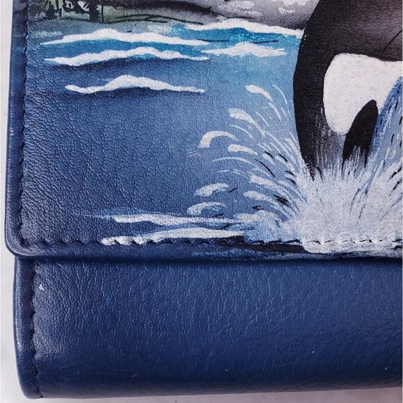 ANUSCHKA Leaping Orca Handpainted Leather Wallet RFID Blocker Protection Blue - Picture 13 of 14